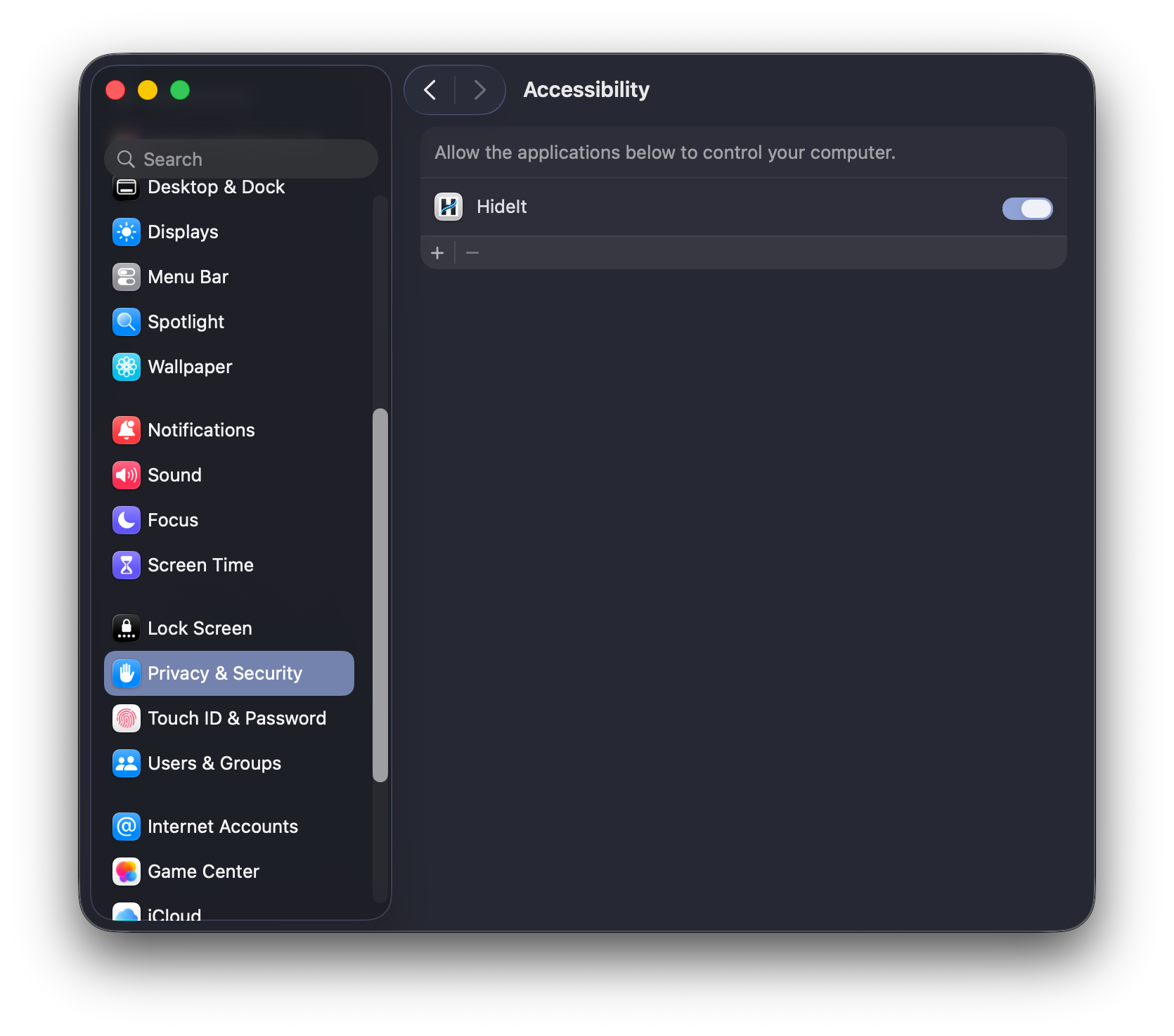 Enable Accessibility for HideIt