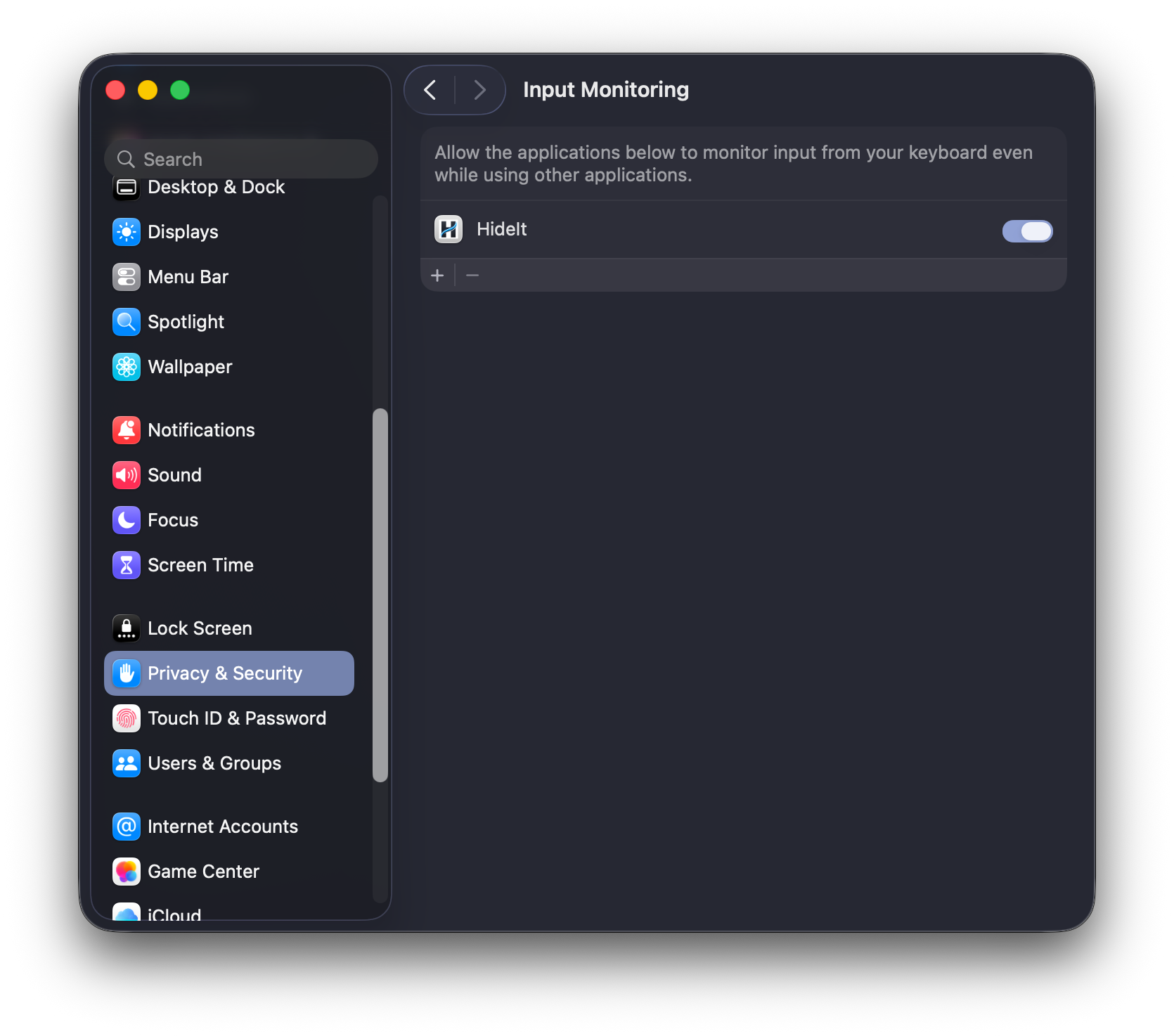 Enable Input Monitoring for HideIt