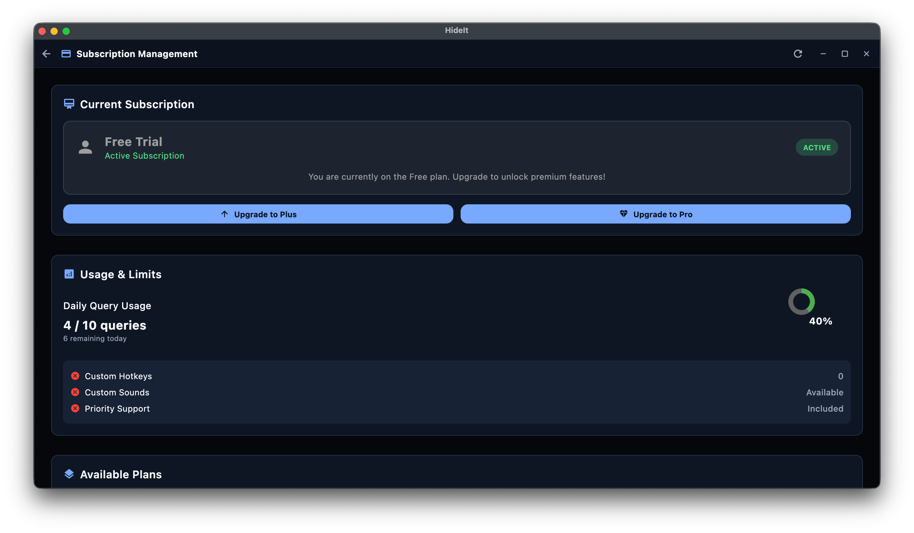 Upgrade plan in HideIt