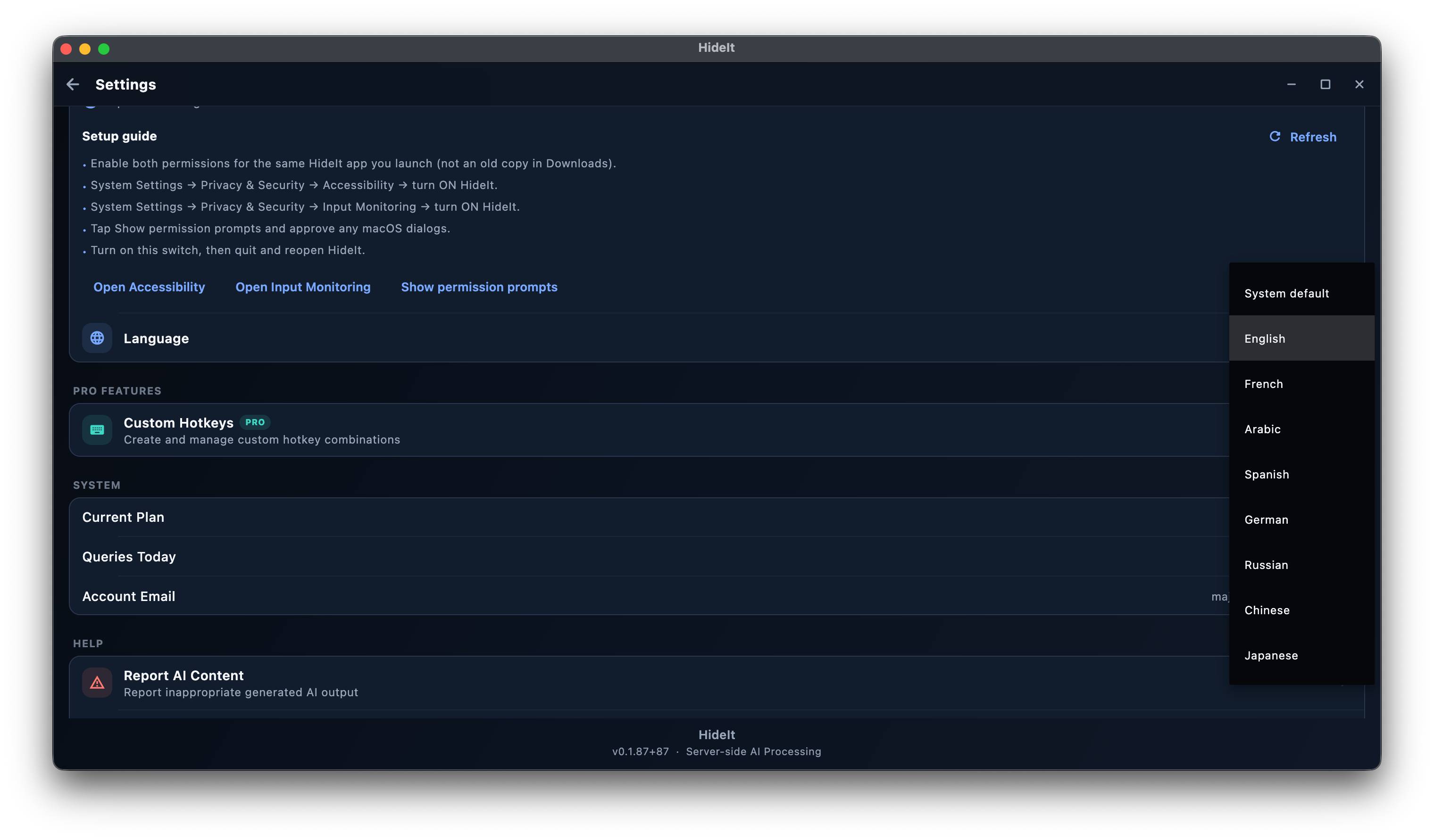 Language dropdown in Settings